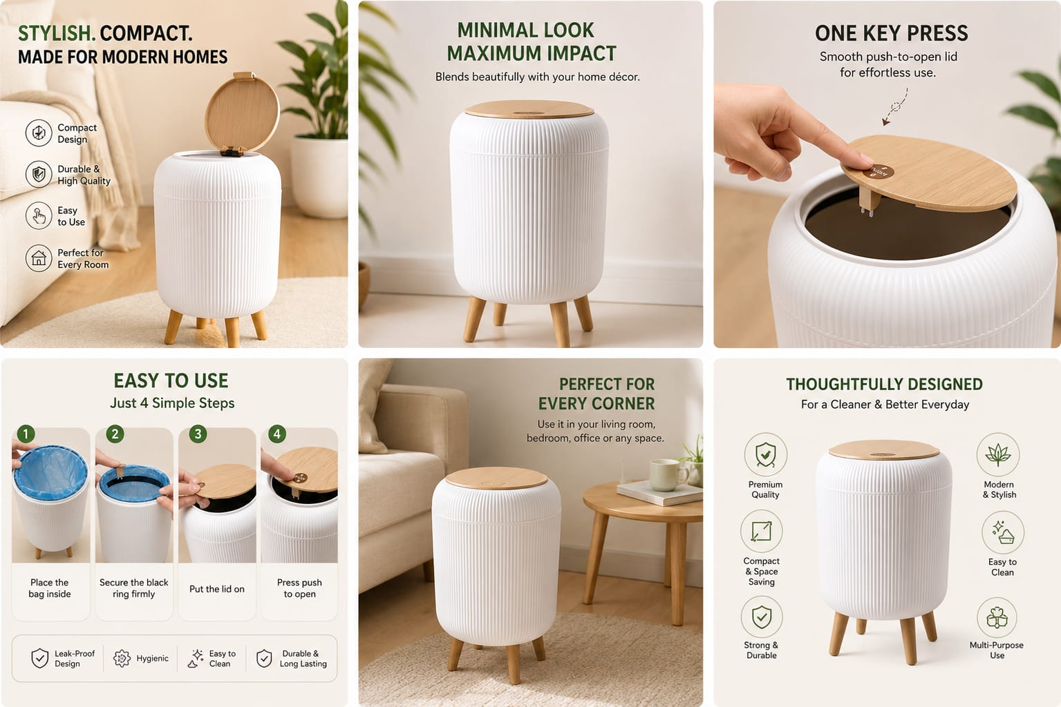 🗑️ Luxury Nordic Style Dustbin with Premium Lid & Wooden-Style Legs