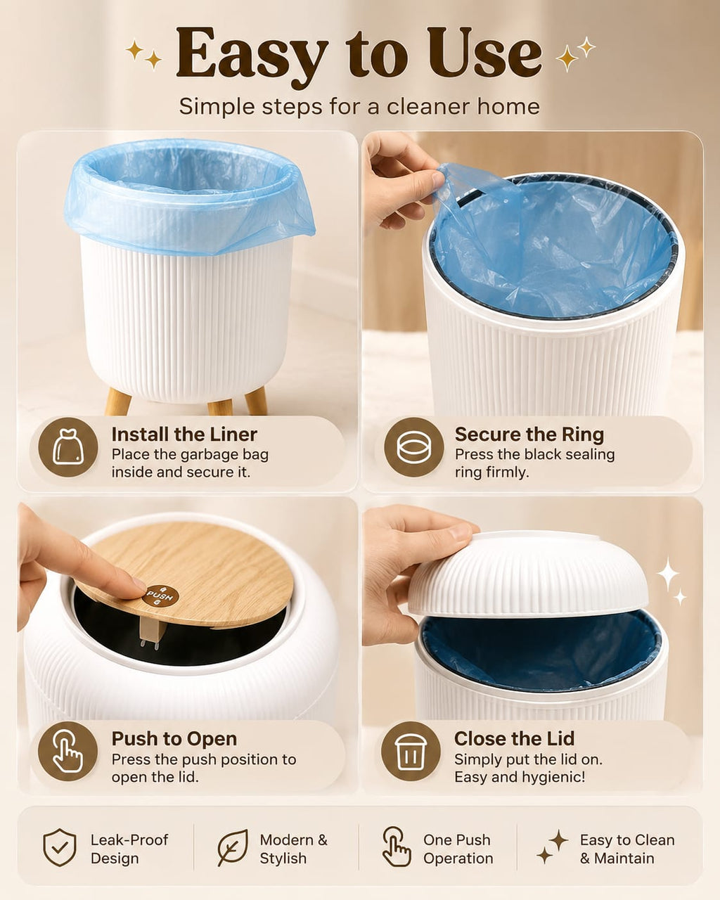 🗑️ Luxury Nordic Style Dustbin with Premium Lid & Wooden-Style Legs