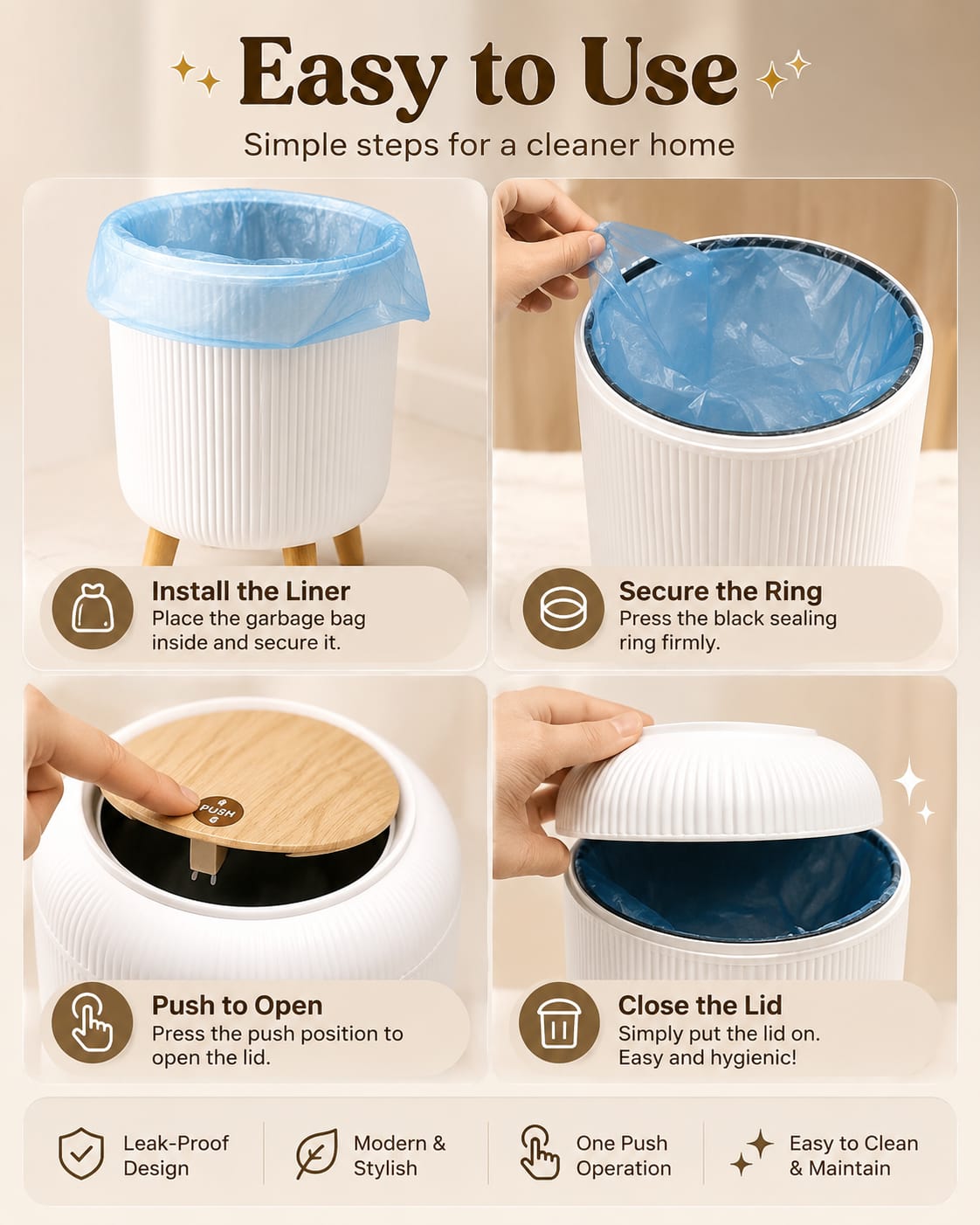 🗑️ Luxury Nordic Style Dustbin with Premium Lid & Wooden-Style Legs