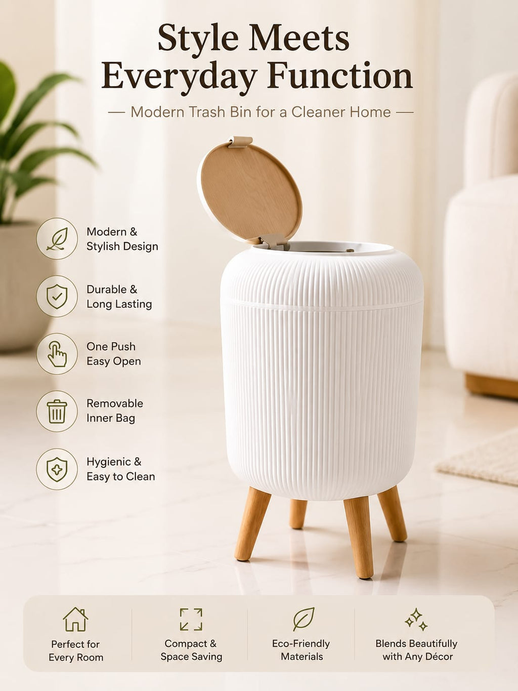 🗑️ Luxury Nordic Style Dustbin with Premium Lid & Wooden-Style Legs