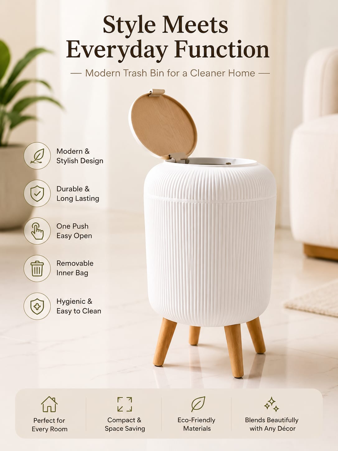 🗑️ Luxury Nordic Style Dustbin with Premium Lid & Wooden-Style Legs
